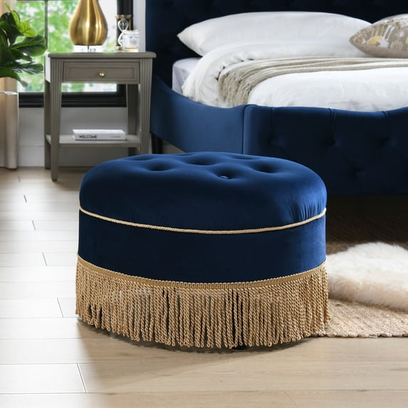 Yolanda Upholstered Round Accent Ottoman Navy Blue Velvet with Gold Trim