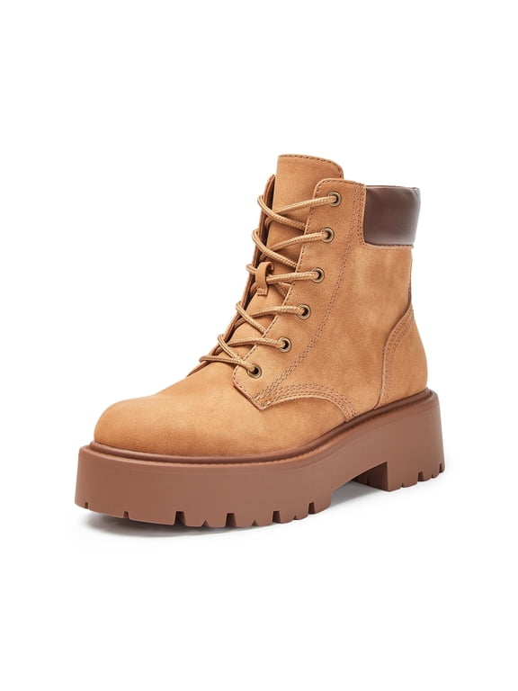 Lace-up Combat Boots Ankle Bootie for Women-Water-Resistant Side Zip Platform Lug Sole Boots