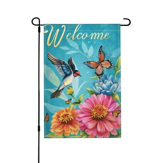 Yolandalse Graden Flag Hummingbirds Floral Butterfly Welcome Home Decorative Outdoor Yard Flags Decor 12 X 18 Inch Double Sided Garden Flag Front Porch Decorations