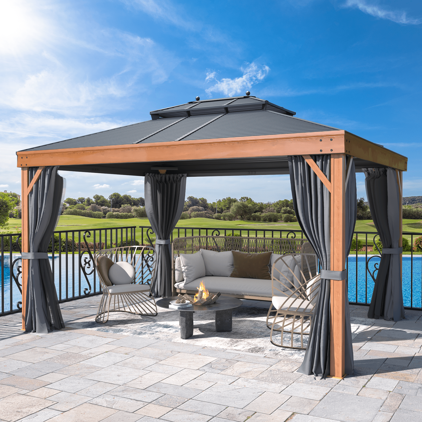 Yoleny 10' X 13' Hardtop Gazebo Metal Gazebo with Wood Grain Aluminum