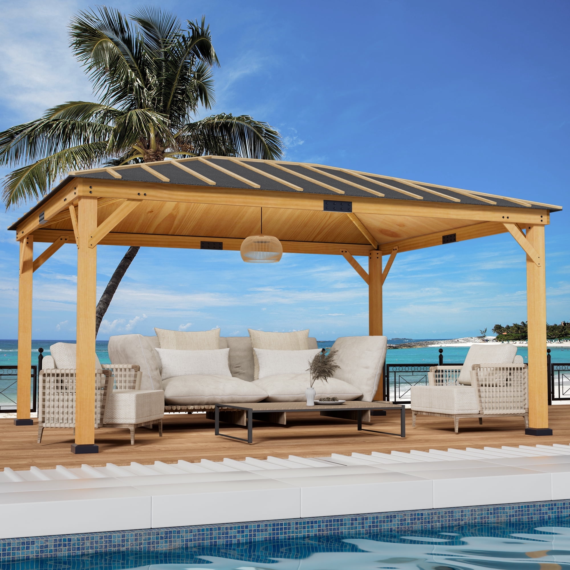 jiyong　１２本 Yoleny 12' x 16' Spruce Wood Gazebo Hardtop, Silent Asphalt Roof