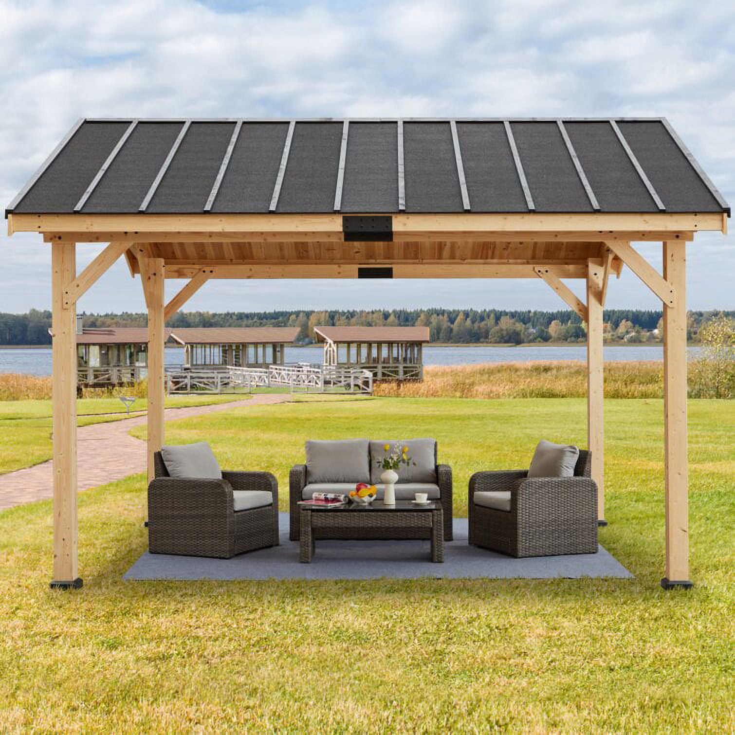 Yoleny 12X15 Ft Hardtop Gazebo, Spruce Wood Solid Wood Gazebo