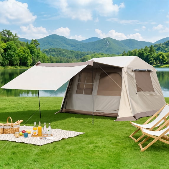 Yoleny 4 Person Camping Tent, Instant Cabin Tent with Full Rainfly & Canopy, 150D Ti-Black, UPF 12500, 137.7 FT² Activity Space,Windproof Waterproof