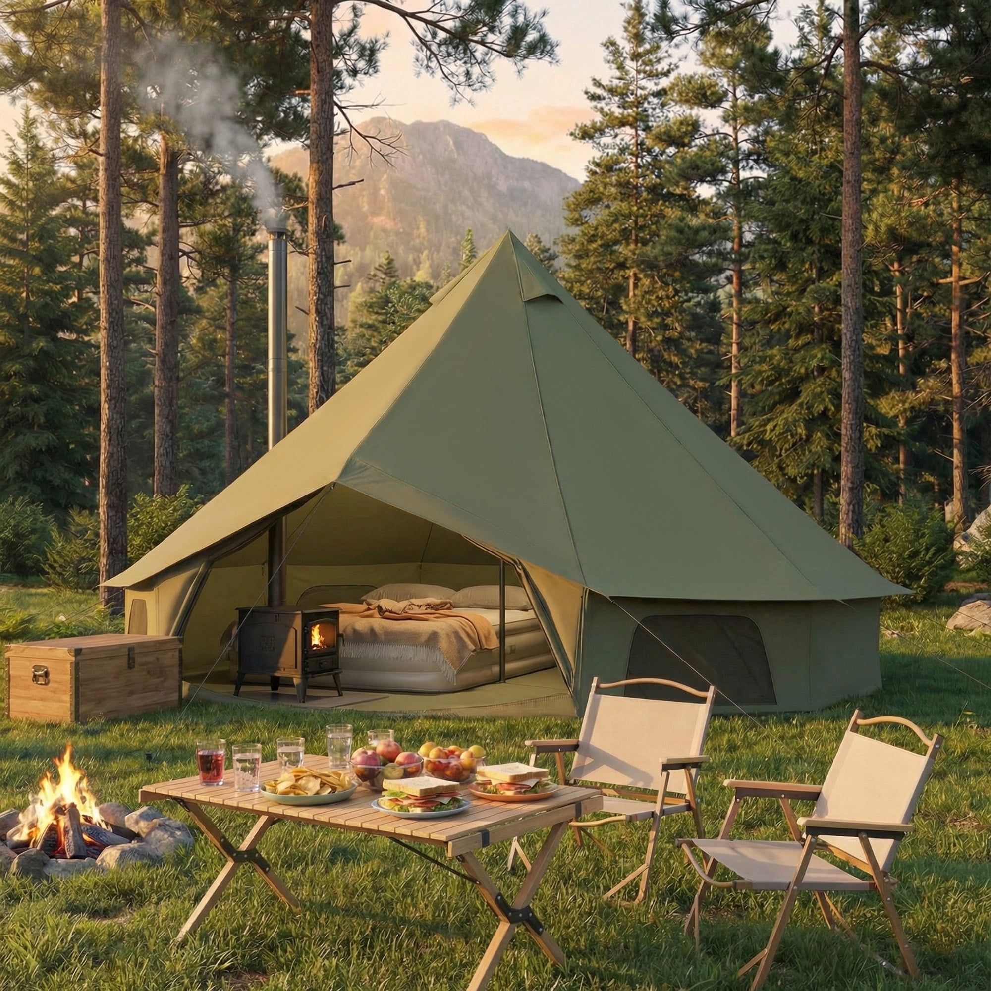 Yoleny Camping Bell Canvas Tent, All Season Waterproof Camping Tent , 4 m/13.1ft Canvas Tent for Camping with Stove Jack for 4-8 Person，Green