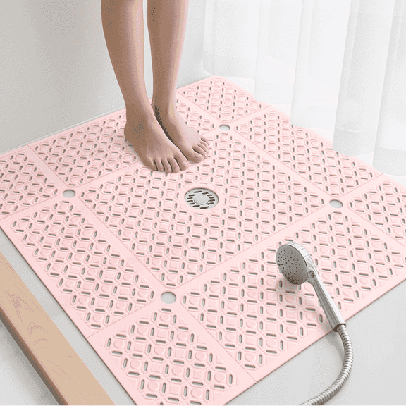 Yolife 27" x 27" Square Shower Mat, Non-Slip TPE Bath Mat with Drain Hole & Suction Cups, Machine Washable Soft Floor Mat for Tub or Stall,Light Pink
