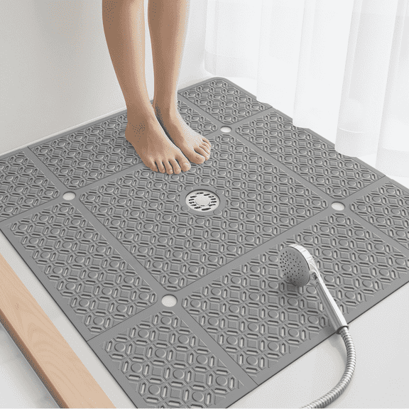 Yolife 27" x 27" Square Shower Mat, Non-Slip TPE Bath Mat with Drain Hole & Suction Cups, Machine Washable Soft Floor Mat for Tub or Stall,Dark Grey