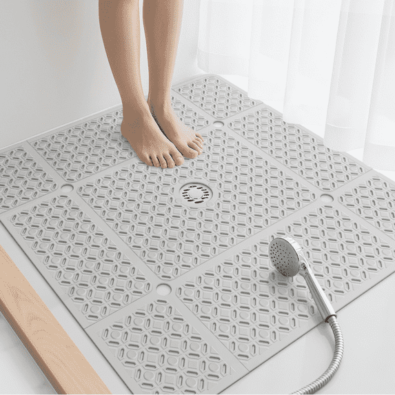 Yolife 27" x 27" Square Shower Mat, Non-Slip TPE Bath Mat with Drain Hole & Suction Cups, Machine Washable Soft Floor Mat for Tub or Stall,Light Grey