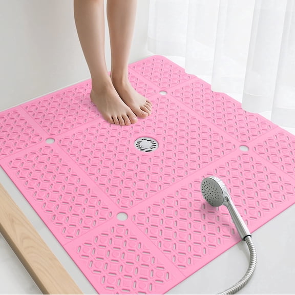 Yolife 27" x 27" Square Shower Mat, Non-Slip TPE Bath Mat with Drain Hole & Suction Cups, Machine Washable Soft Floor Mat for Tub or Stall,Pink