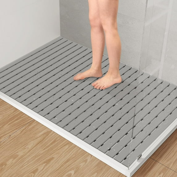 Yolife Extra Large PVC Shower Mat, 35.4x24 inch Non-Slip Bath Mat with Quick Drain, No Suction Cups, Easy to Cut & Store for Tub, Stall, Spa,Light Grey