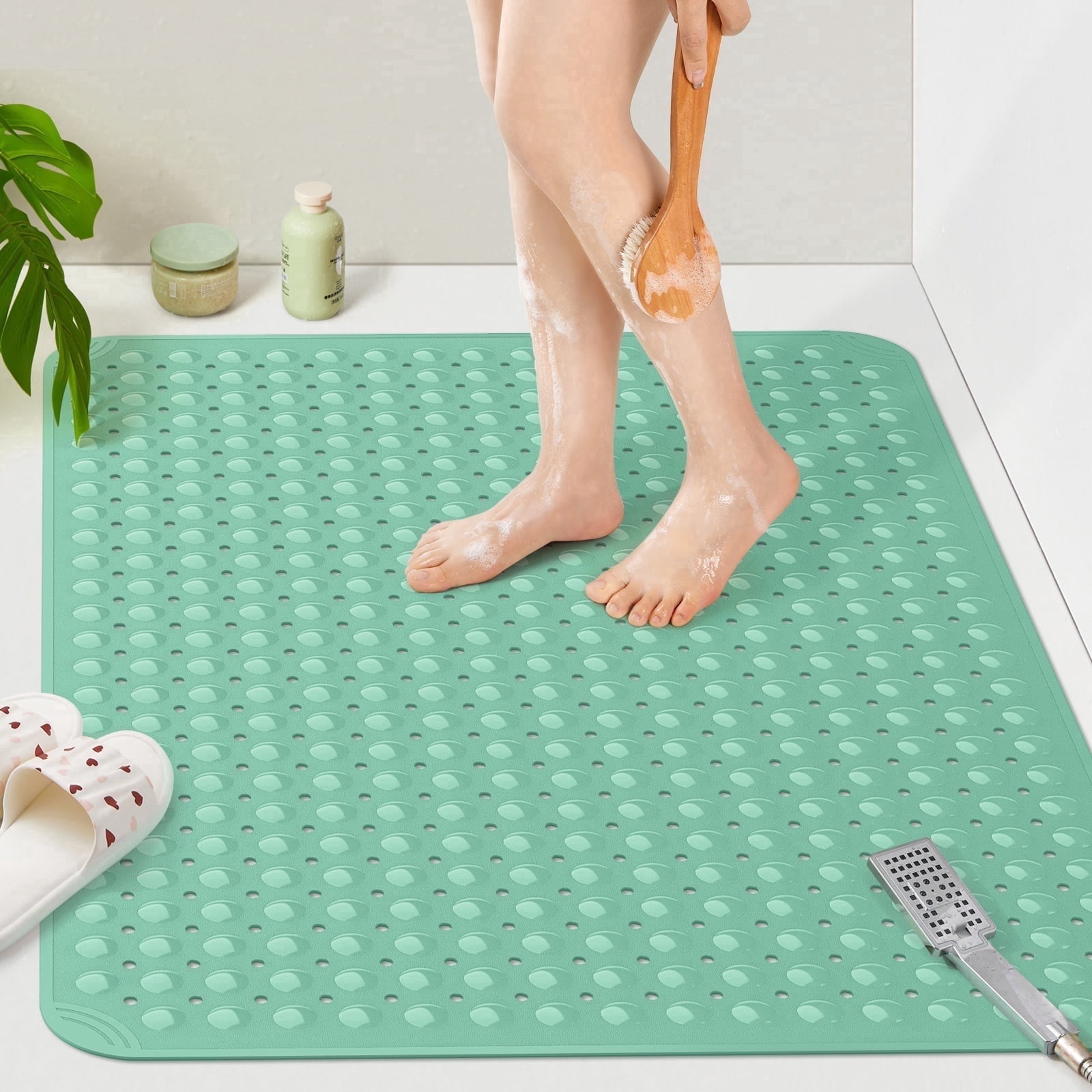 Yolife Extra Large Shower Mat 47.2"x31.5" - TPE Non-Slip Bath Mat/Suction Cups & Drain Holes, Heavy Duty for Shower Stall, Odor-Free,Green