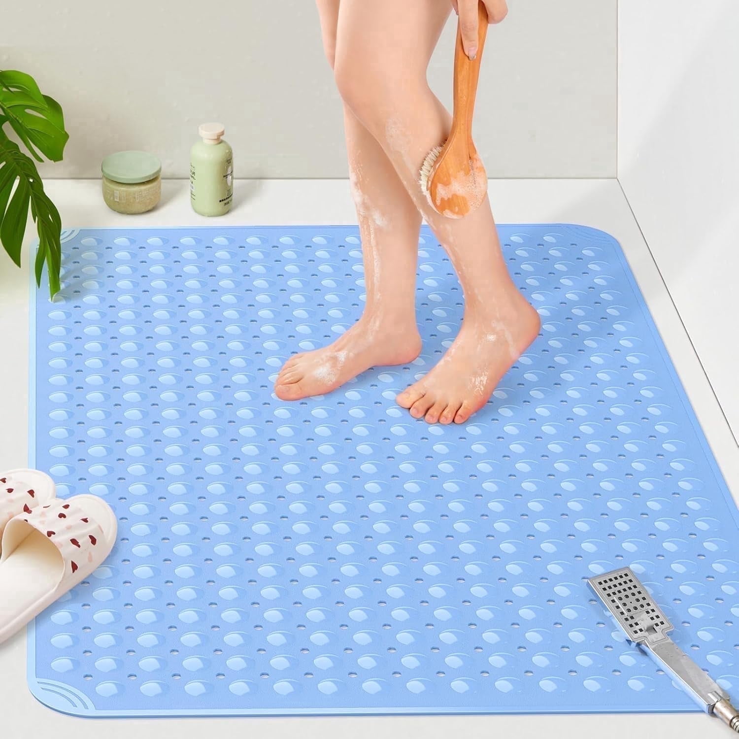 Yolife Extra Large Shower Mat 47.2"x31.5" - TPE Non-Slip Bath Mat/Suction Cups & Drain Holes, Heavy Duty for Shower Stall, Odor-Free,Light Blue