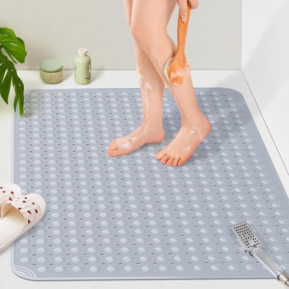 Yolife Shower Mat 22.8"x34.6" - TPE Non-Slip Bath Mat/Suction Cups & Drain Holes, Heavy Duty for Shower Stall, Odor-Free,Light Grey