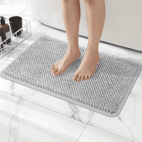 Yolife Non-Slip Grass Bath Mat with Strong Suction Cups, 25.6"x13.4" Quick-Drain Shower Floor Mat for Foot Scrubbing & Massage, Light Grey
