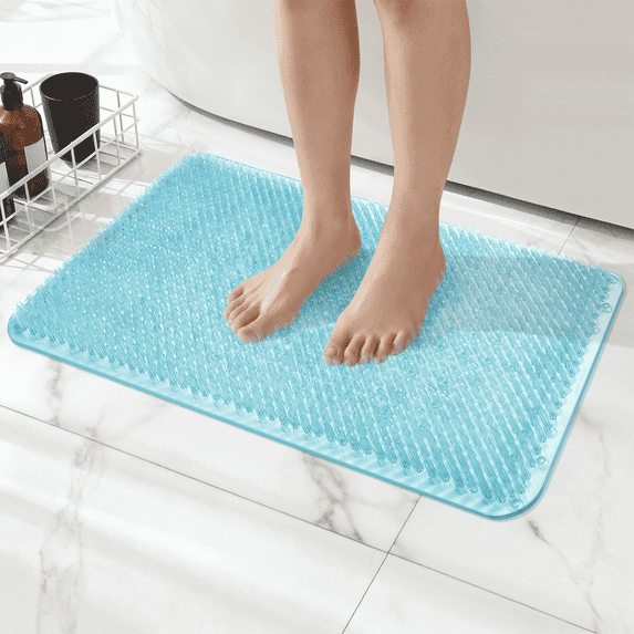 Yolife Non-Slip Grass Bath Mat with Strong Suction Cups, 25.6"x13.4" Quick-Drain Shower Floor Mat for Foot Scrubbing & Massage, Light Blue