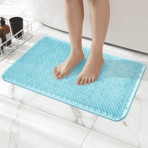 Yolife Non-Slip Grass Bath Mat with Strong Suction Cups, 25.6"x13.4" Quick-Drain Shower Floor Mat for Foot Scrubbing & Massage, Light Blue