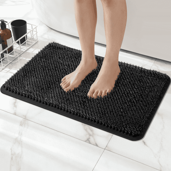 Yolife Non-Slip Grass Bath Mat with Strong Suction Cups, 25.6"x13.4" Quick-Drain Shower Floor Mat for Foot Scrubbing & Massage, Black
