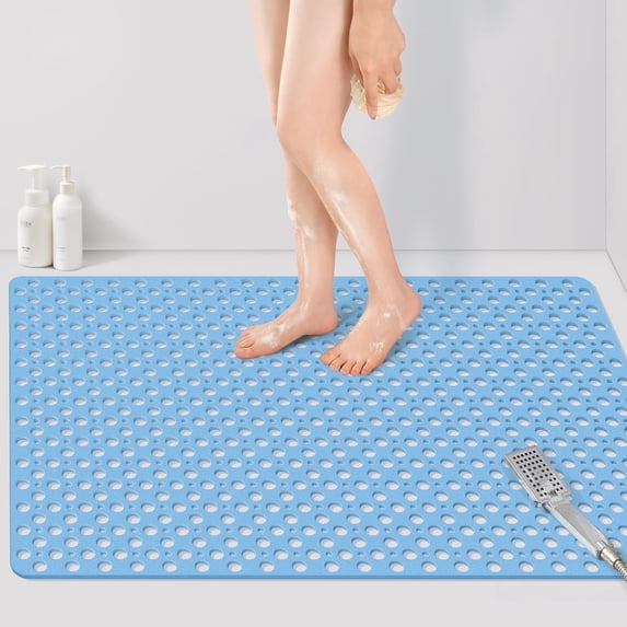 Yolife Large Shower Mat, 47" x 32" Non Slip Shower Mats for Inside Shower with Drain Holes and Suction Cups, No Odor Soft Shower Floor Mat, Blue