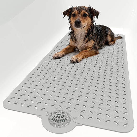 Yolife Non-Slip TPE Bathtub Mat with Hair Catcher, 39" x 17" Shower Mat for Inside Tub │ Large Drain Holes, Machine Washabl,Grey