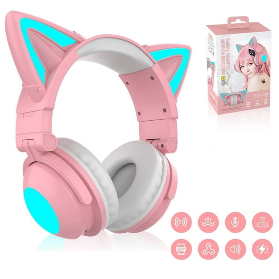 Yolispa Bluetooth Cat Ear Over-Ear Headphones for Traveling, Lovely Pink Foldable Child Headphones, LED Wireless Headset, Wired Headphones Compatible with Phone/PC/Tablet/TV/Xbox/Switch (Pink)