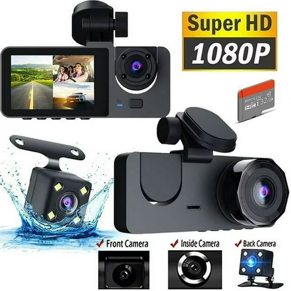 Yolispa Dash Cam for Car, 1080P 3 Channel Front & Rear Inside Dash Camera, with 32GB SD Card Super Night Vision Car Camera for Taxi Vehicle Accident Lock Parking Monitor, Loop Recording