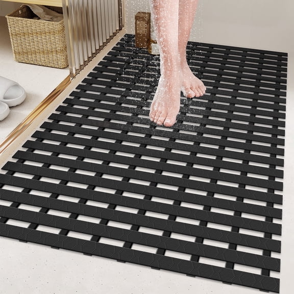 Yolife Large Non Slip Shower Mat, 35.4"x24" Soft PVC Quick Drain Bathroom Floor Mat, Without Suction Cups, Heavy Duty & Easy to Dry, Black