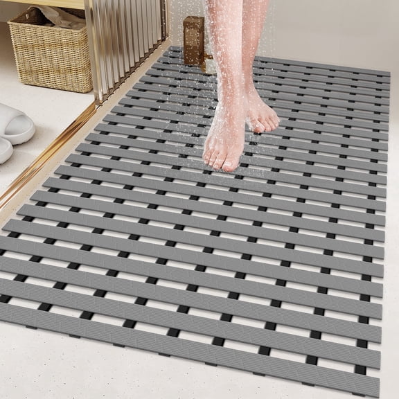 Yolife Large Non Slip Shower Mat, 35.4"x24" Soft PVC Quick Drain Bathroom Floor Mat, Without Suction Cups, Heavy Duty & Easy to Dry, Light Grey