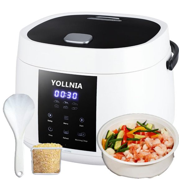 Yollnia 3L Rice Cooker 12 cups (Cooked), Mini Rice Cooker,6 in 1 Multicooker for Grain, Preset and Reheat Options, 12-Hr Delay Timer, Auto Keep Warm, Non-Stick Inner Pot with Steaming Basket Y101