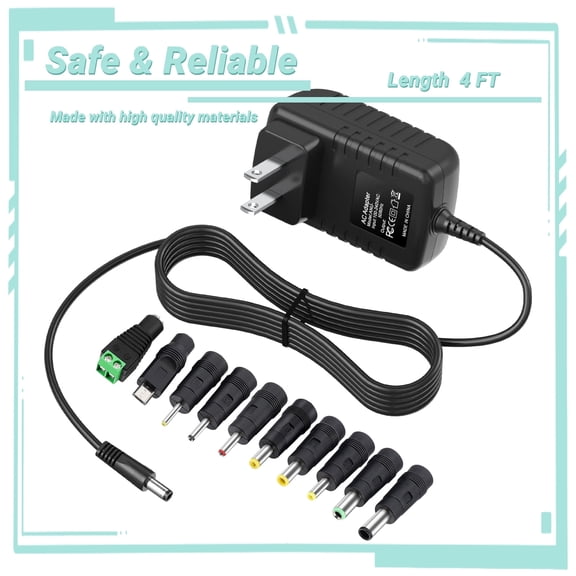 Yolmary 12V 2.5A Power Supply Adapter, 4ft Cord 5.5x2.5mm DC Plug, with 10 Replacement Plug Tips