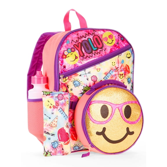 Yolo Emoji Sentiment Backpack & Lunch Box 5 Piece Set With Water Bottle