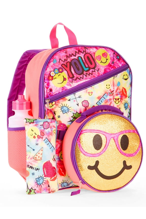 Yolo Emoji Sentiment Backpack & Lunch Box 5 Piece Set With Water Bottle