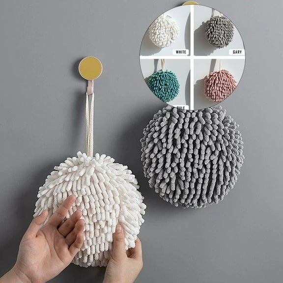 Yoloke 2 Packs Hanging Bathroom HandTowels,Monochrome Chenille Fluffy Microfiber Decorative Ball Towel,Quick Dry Plush Absorbent Towels,Kitchen Hand Towels for Washstand (White and Gray)