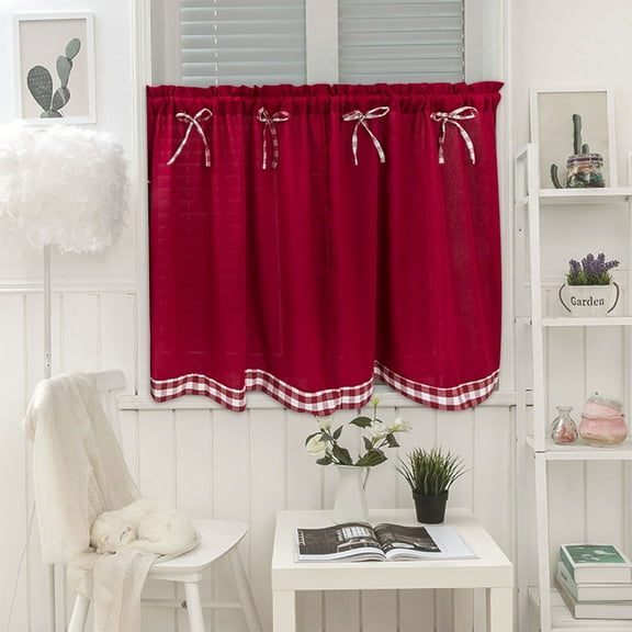 Yoloke Bowknot Short Curtains – Kitchen and Window Curtains with Checkered Border, Polyester Fabric, Light-Blocking, Easy Installation, for Students and Small Spaces