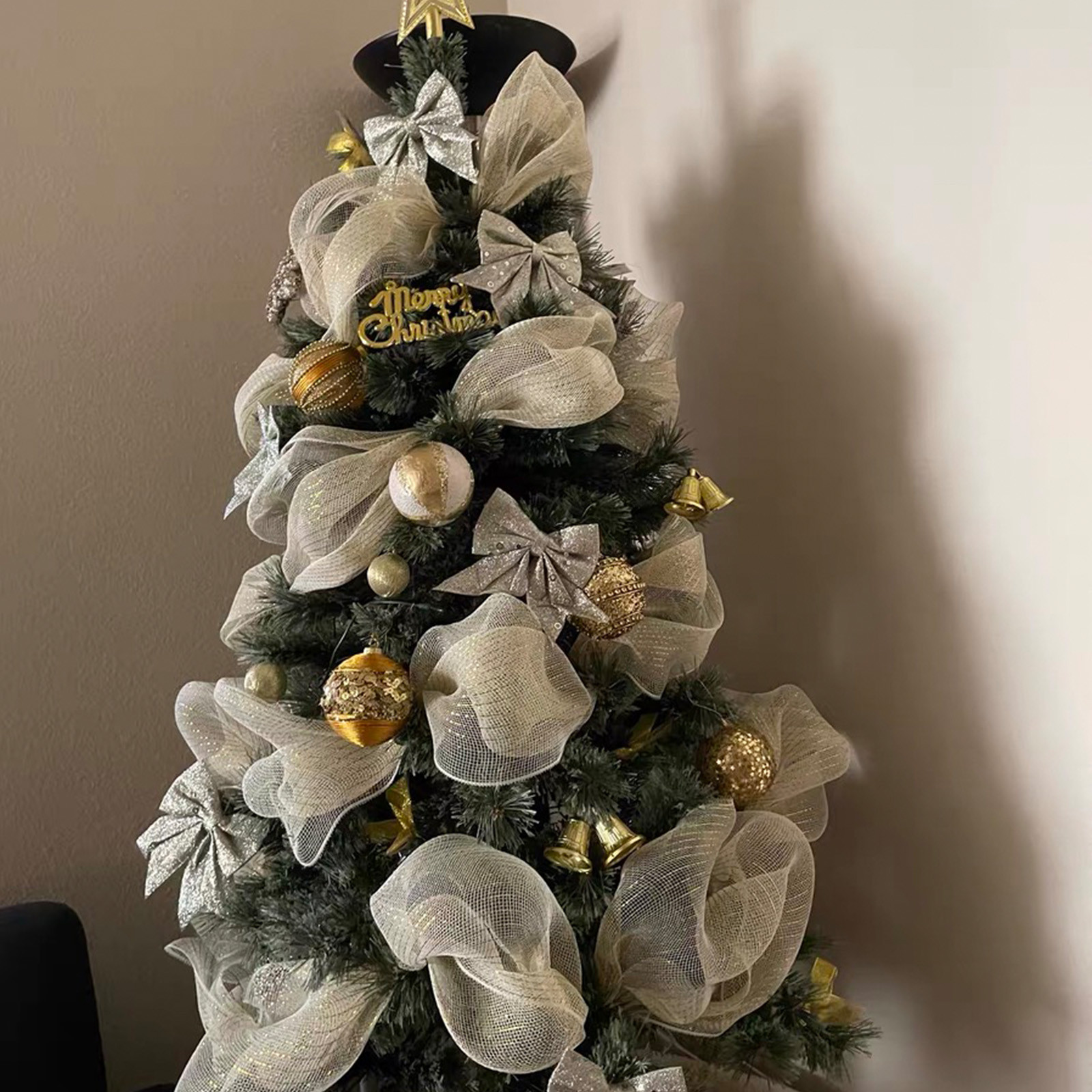 Yoloke Christmas Tree Decoration Mesh Ribbon - Glittery Gold and Silver Ribbons for Holiday Decorations, Bows, and Wreaths