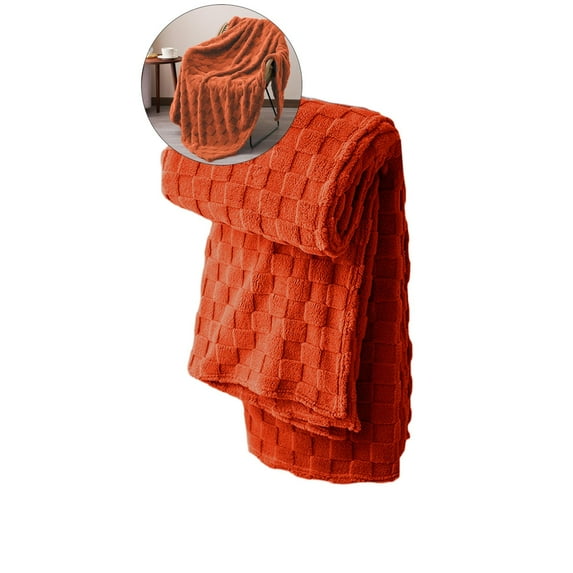Yoloke Fleece Throw Blanket for Couch, Super Soft 3D Checkered Jacquard Bed Blanket, Cozy Fluffy Lightweight Blanket for All Seasons(Orange)