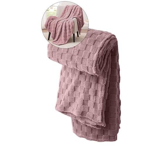 Yoloke Fleece Throw Blanket for Couch, Super Soft 3D Checkered Jacquard Bed Blanket, Cozy Fluffy Lightweight Blanket for All Seasons(Purple)