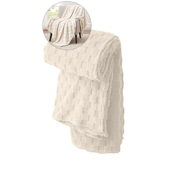 Yoloke Fleece Throw Blanket for Couch, Super Soft 3D Checkered Jacquard Bed Blanket, Cozy Fluffy Lightweight Blanket for All Seasons(White)