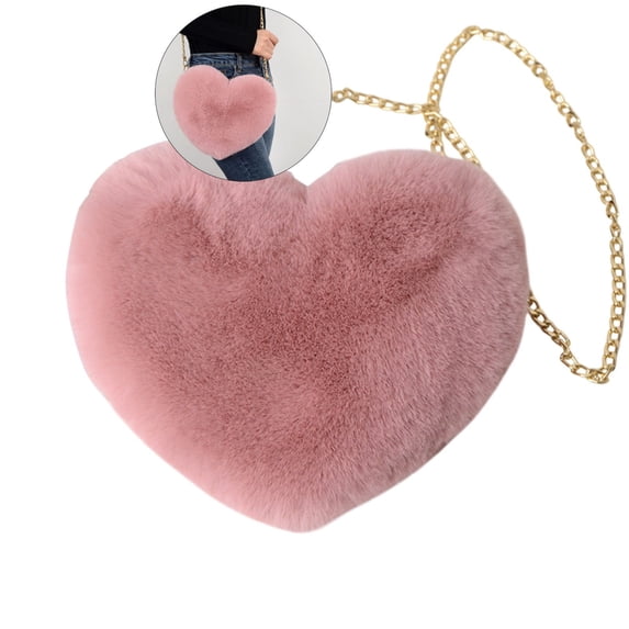 Yoloke Heart Shaped Faux Fur Purse Fluffy Crossbody Bag Chain Shoulder Bag Cute Clutch for Women(Pink)