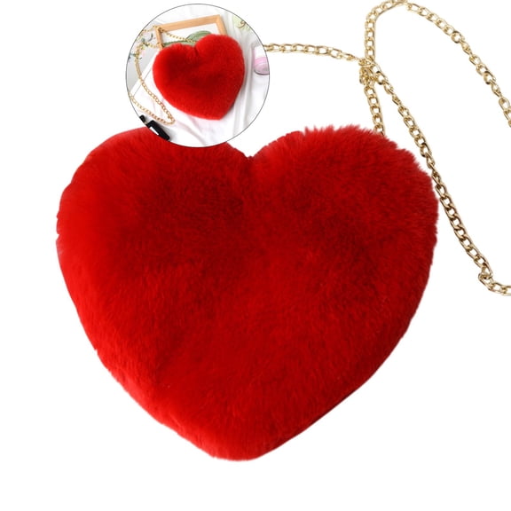 Yoloke Heart Shaped Faux Fur Purse Fluffy Crossbody Bag Chain Shoulder Bag Cute Clutch for Women(Red)