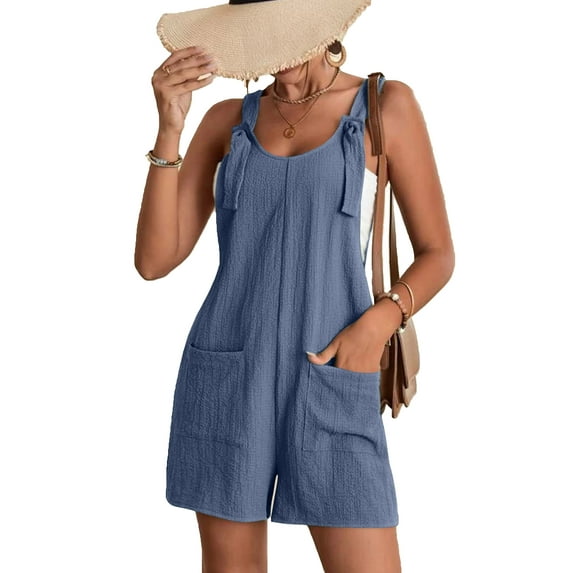 Yolossia Plus Size S-4XL Womens Strappy Dungarees Overall Shorts Summer Loose Pockets Jumpsuit Romper