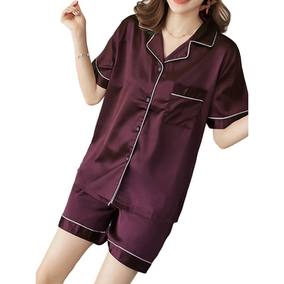 Yolossia Plus Size Womens Buttons Nightshirt Shorts Loungewear Pajamas Satin Silk Sleepwear