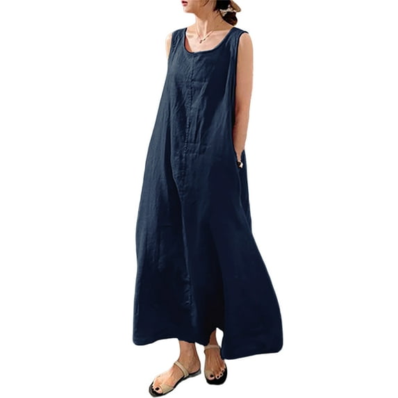 Yolossia Plus Size Womens Cotton Linen Sleeveless Sundress Loose Kaftan Long Dress
