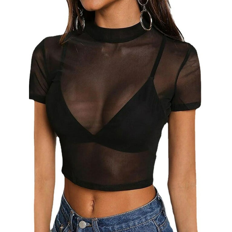 Mesh crop top short sleeve hotsell