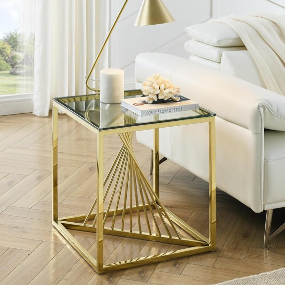 Yoluckea 20" Square Glass Top End Table, Modern Luxury Tempered Glass Side Table with Golden Mirrored Stainless Steel Legs, Spiral Design Glass End Table Nightstand Sofa Side Table for Living Room