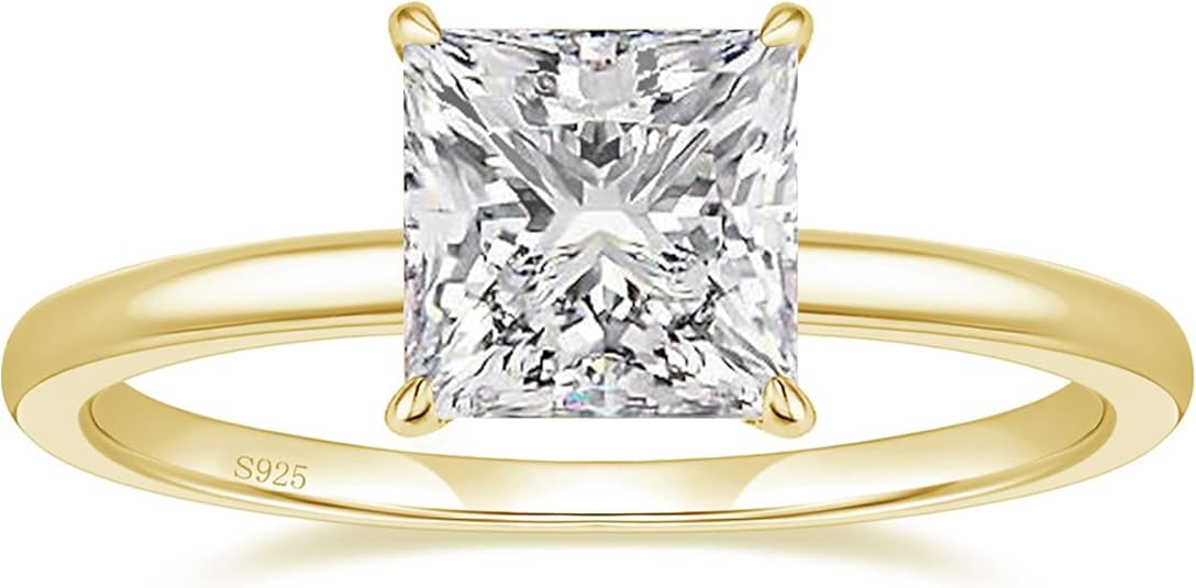 Yomhary 2CT 925 Sterling Silver Engagement Rings for Women ,Princess Cut Cubic Zirconia ,Gold,Size 8