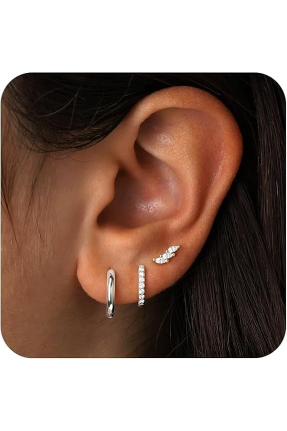 3 Pair Small Sterling Silver Post Cubic Zircon Hoop Earrings Set for Women, Silver,Multiple Piercing Hypoallergenic
