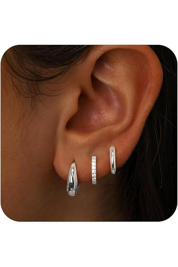 3 Pair Small Sterling Silver Post Cubic Zircon Hoop Earrings Set for Women, Silver,Multiple Piercing Hypoallergenic