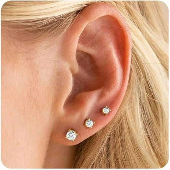 Yomhary 3 Pairs Gold Cubic Zirconia Stud Earrings for Women , 925 Sterling Silver Post Hypoallergenic,Multiple Piercing