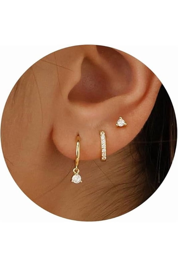 3 Pairs Gold CZ Earrings for Women - Dainty Stud and Small Hoop, 925 Sterling Silver Plated Hypoallergenic