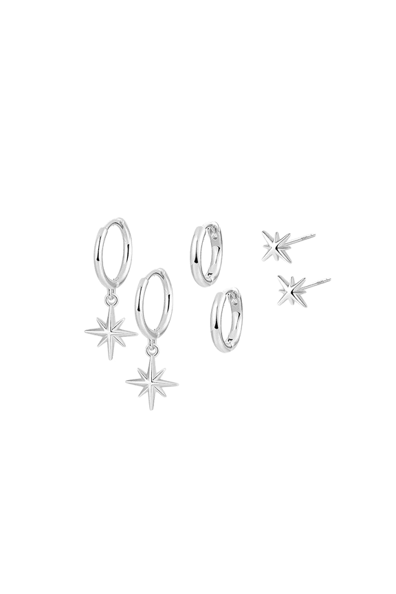 3 Pairs Women's Lucky Star Earrings - Delicate Stud and Small Hoop, 925 Sterling Silver Plated, Hypoallergenic