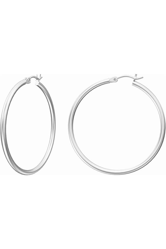 40mm Stainless Steel Hoop Earrings for Women - 14K Silver Plated with 925 Sterling Post